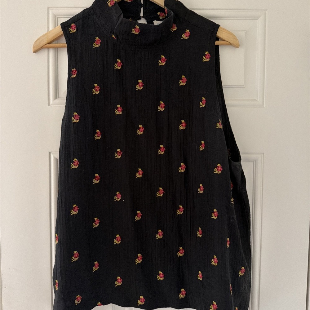 SUNDANCE XL Black Red Floral Embroidered Gauze Mock Neck Tank Blouse Flowy Boho